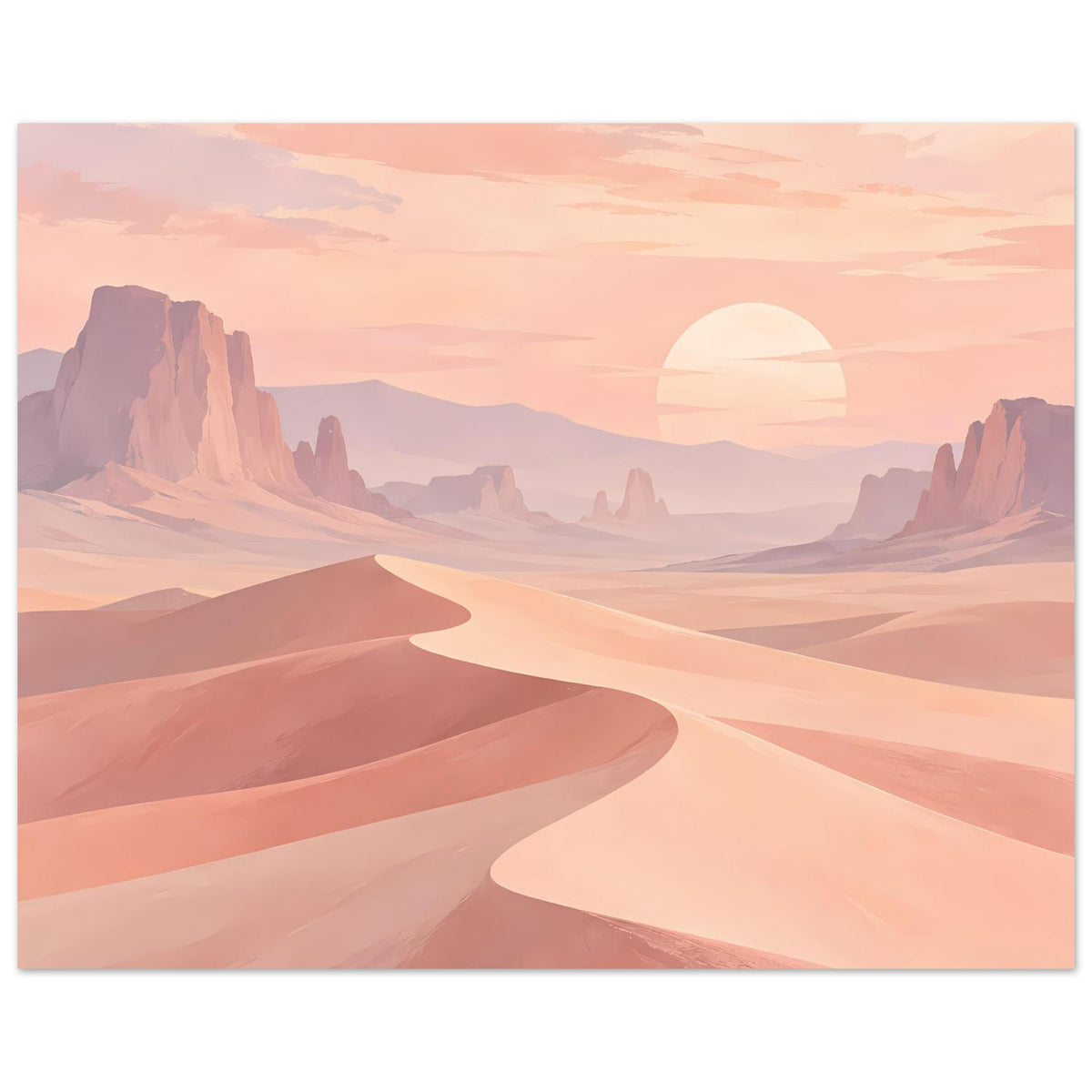Poster mit Desert-Landschaft, langen Dünenkämmen, Bergsilhouetten und halber Sonne