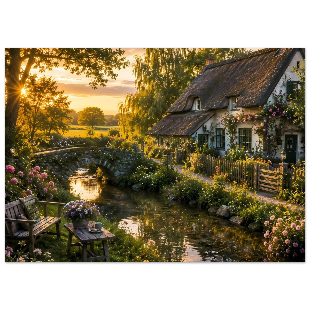 Poster mit Bachlauf, Steinbrücke, Landhausfassade und blühenden Sträuchern am Weg