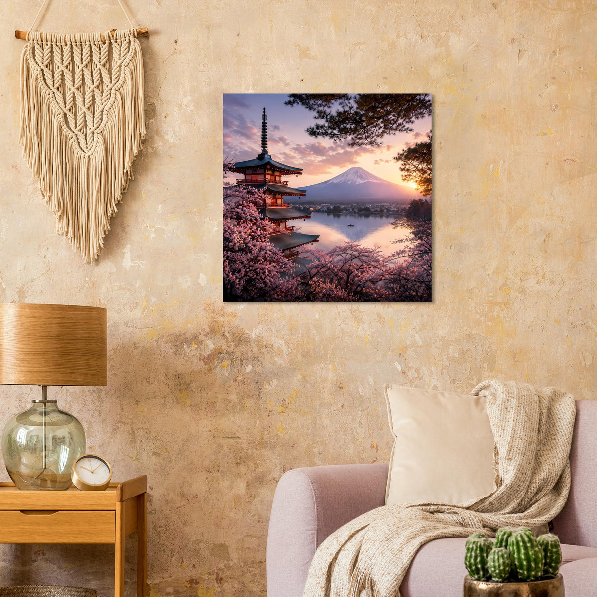 Quadratisches Wandposter mit japanischer Pagode, Kirschblüten und Berg bei Abendlicht