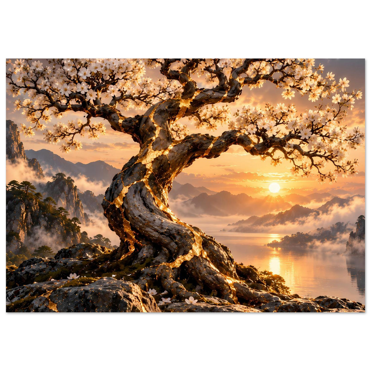 Querformat-Wandposter: blühender Baum auf Felsen, goldene Abendsonne am Horizont