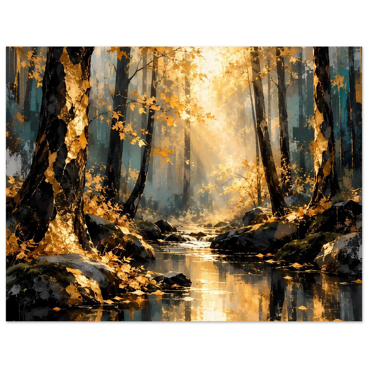 Herbstwald-Poster horizontal: Bäume im Licht, Bach und herbstliche Farbtöne