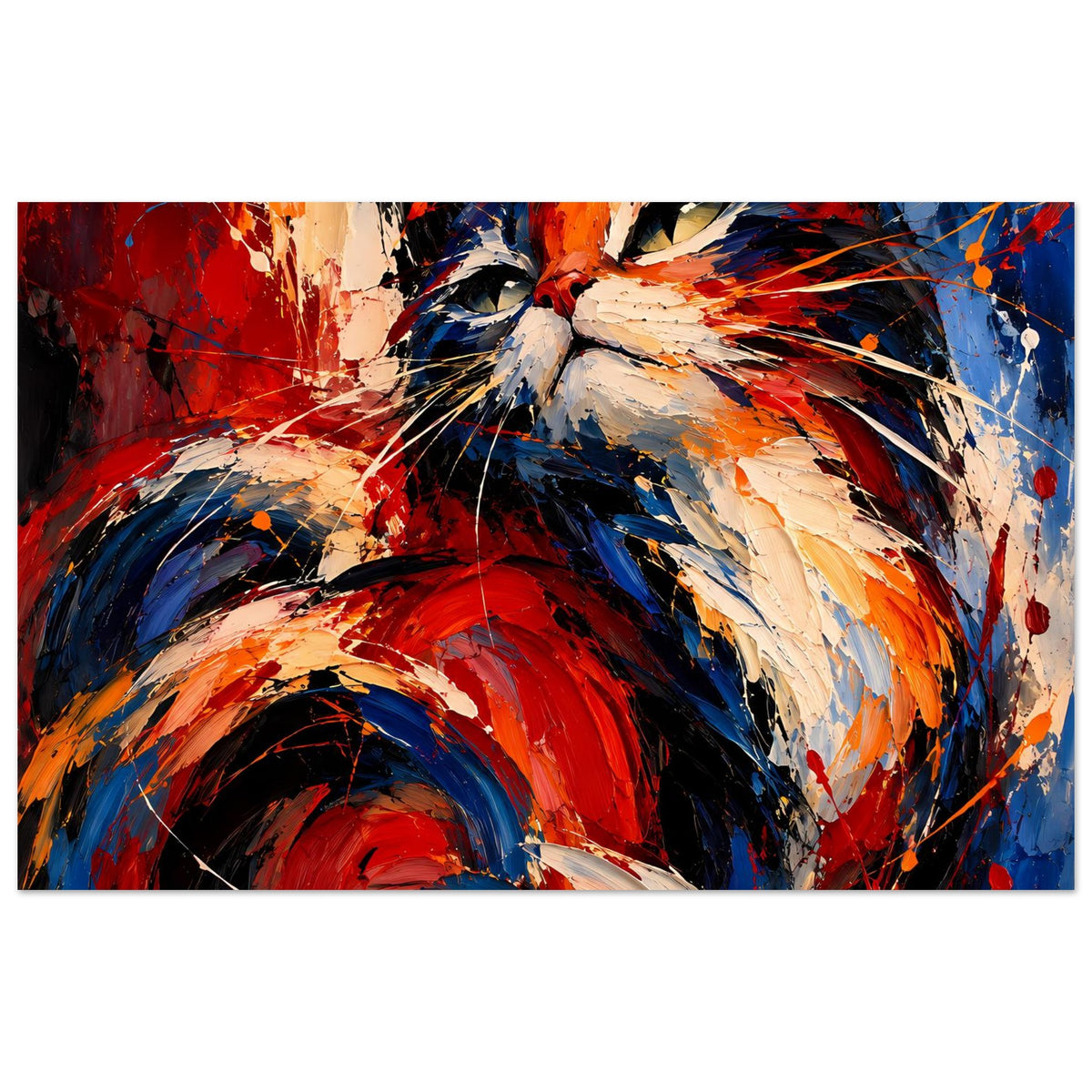 Abstraktes Katzenposter mit Pinselstruktur, rot-blau-orangen Farbflecken, horizontal