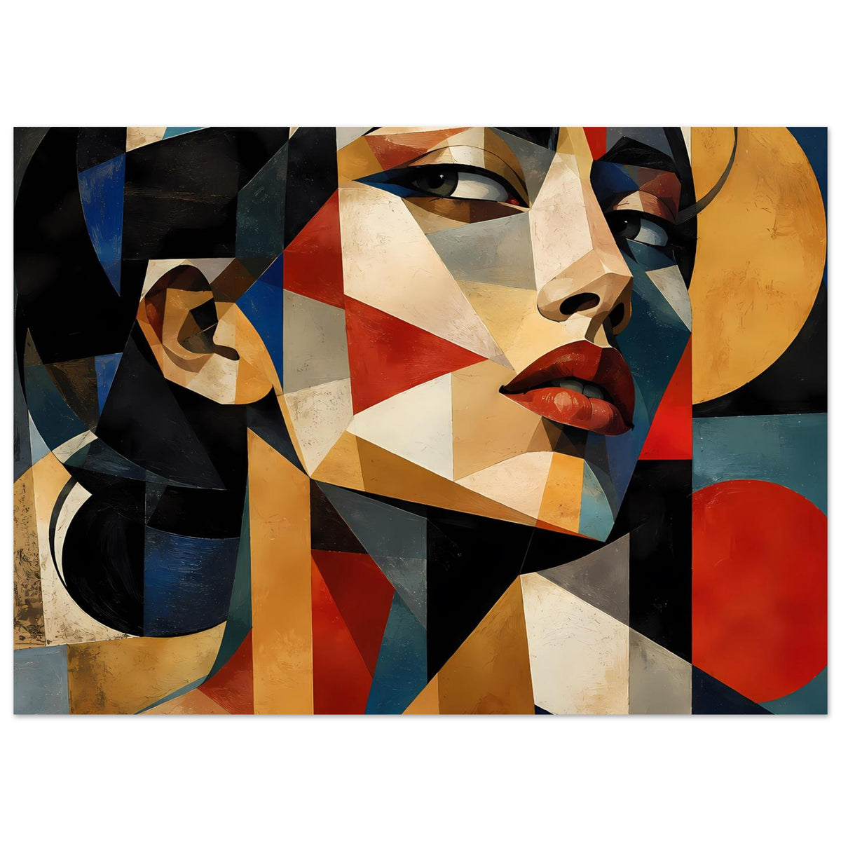 Geometrisches Portraitposter mit stilisierter Frau und großem rotem Kreis im unteren rechten Bereich