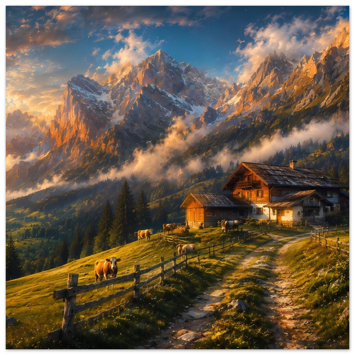 Alpenlandschaft-Poster mit Almhütte, Kühen auf Weide und hohen Bergen im Abendhimmel