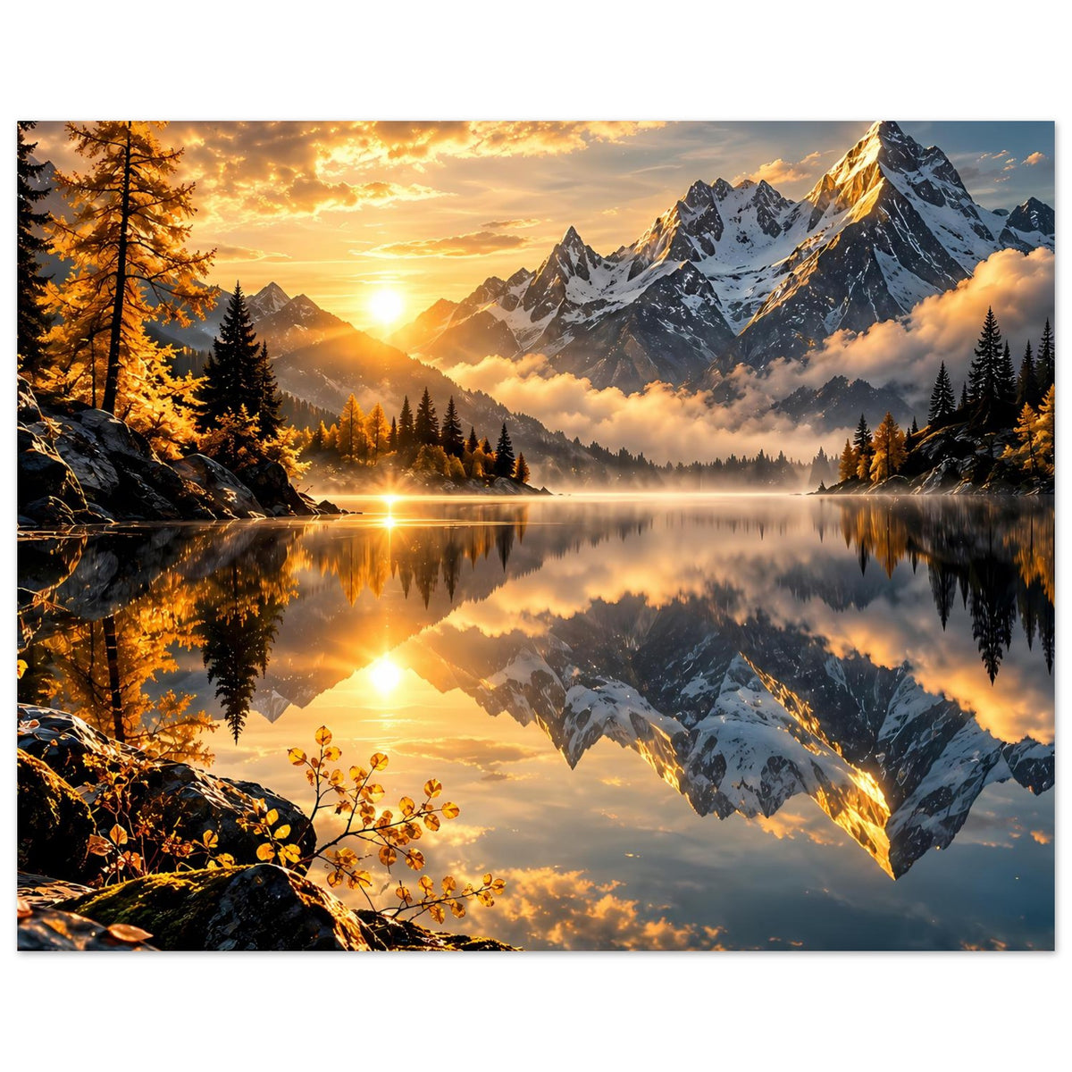 Querformat-Poster mit Alpen-Sonnenaufgang, spiegelndem See und dunklen Felsen