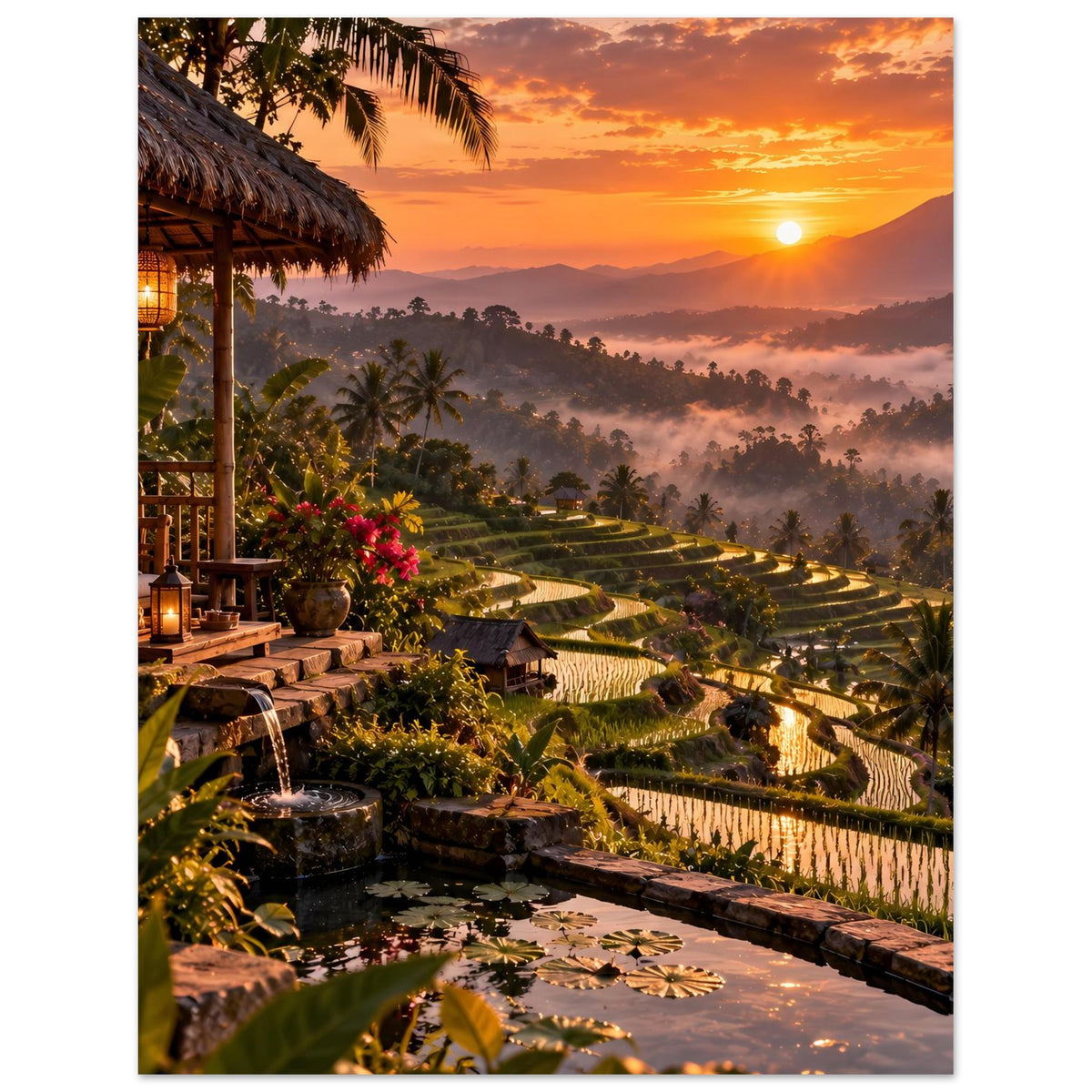 Poster mit tropischem Landschaftsbild: Terrassenwege, Palmen und leuchtender Abendhimmel