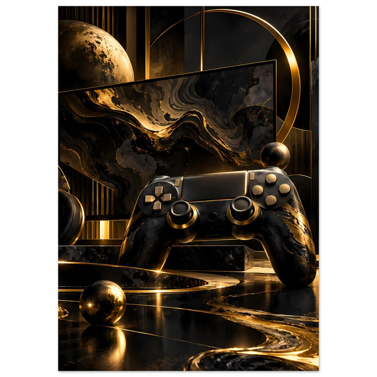 Gaming-Poster: fokussierter Gold-Controller, dunkle Muster und goldene Reflexlinien