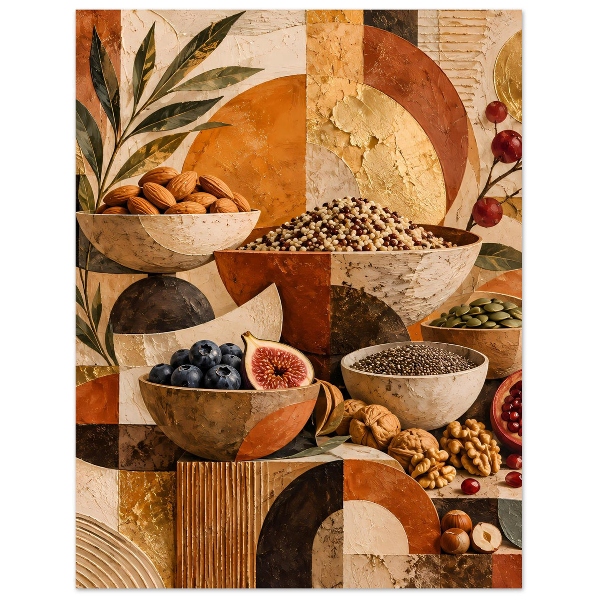 Poster mit warmen Erdtönen: Schalen mit Nüssen, Beeren und Kräutern, rustikale Ornamente