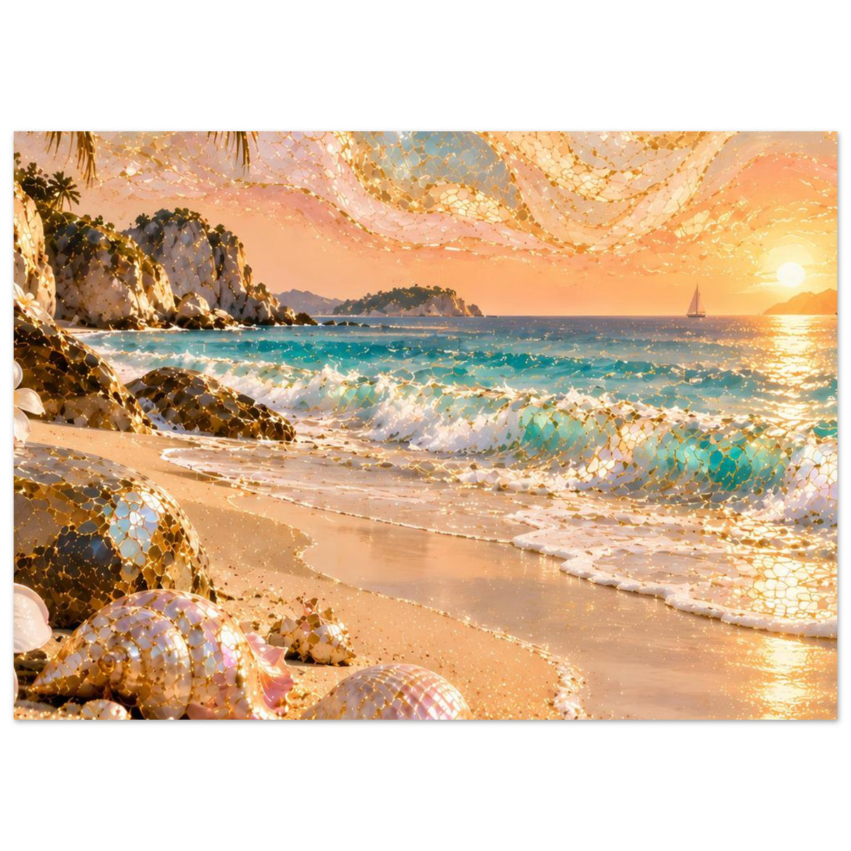 Poster mit tropischem Strand bei Sonnenuntergang, schimmernde Wellen, Muscheln mit Goldmosaik.