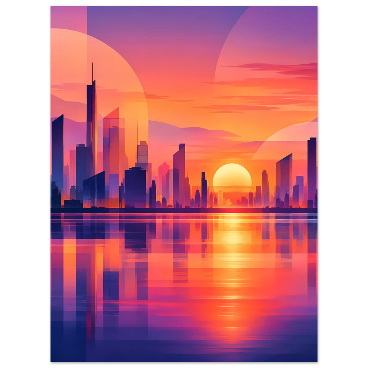 Vertikales Stadtposter mit Hochhäusern, goldenem Sonnenuntergang und Wasserspiegelung