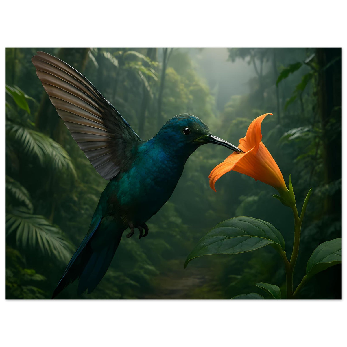 Poster: blauer Kolibri mit langer Schnabelpartie und orangefarbener Blüte