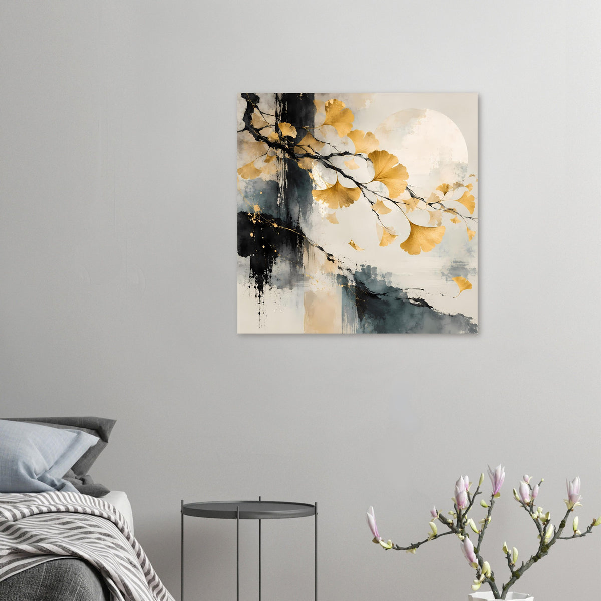 Kleinformatiges Kunst-Poster mit goldenen Ginkgo-Blättern, schwarzen Zweigen und Aquarellstruktur