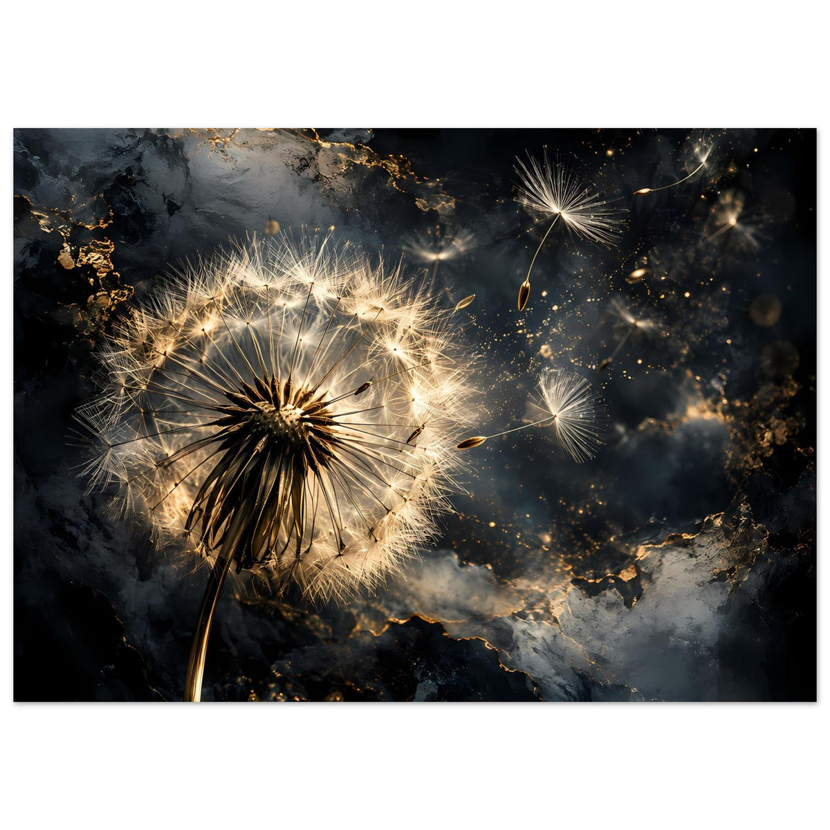 Matte Poster mit großen Löwenzahn-Samenwolken, goldenen Akzenten auf dunkler Wolkenoberfläche
