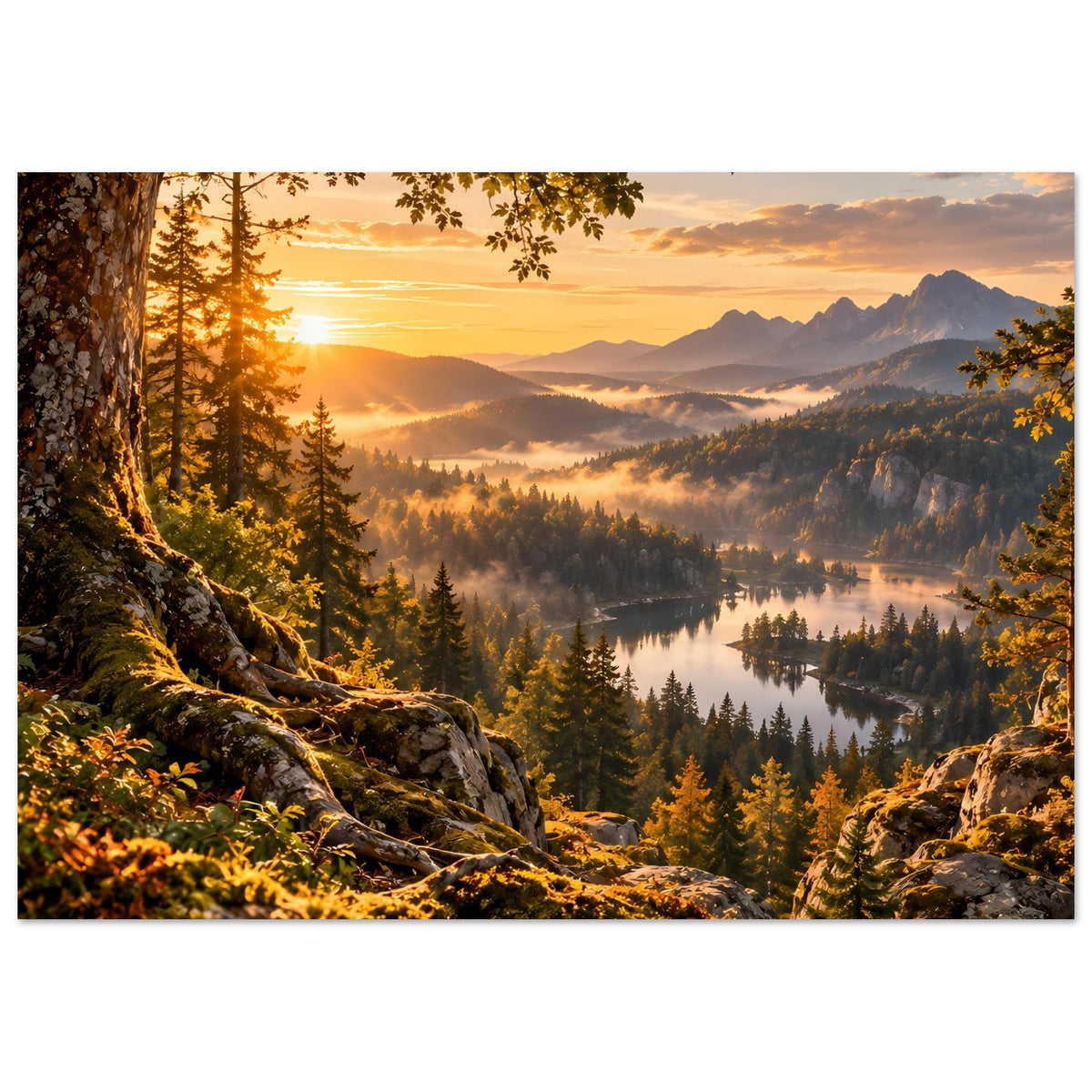 Landschaftsposter im Querformat: Sonnenaufgang, Bergpanorama, Nebel über dem Tal und ruhiger See