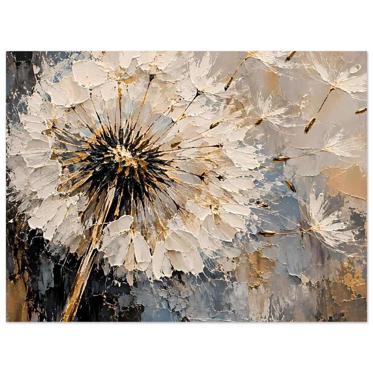 Deko-Poster mit Pusteblume, detaillierte Struktur in Blau, Beige, Schwarz, Querformat