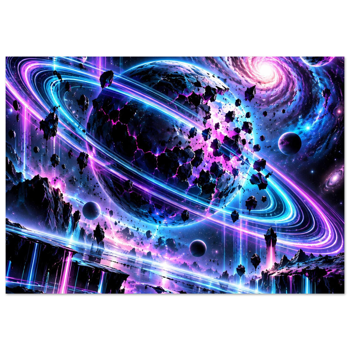 Neon-Galaxie-Poster im Querformat mit bunten Planeten, Spiralgalaxie und magischen Neonbahnen.