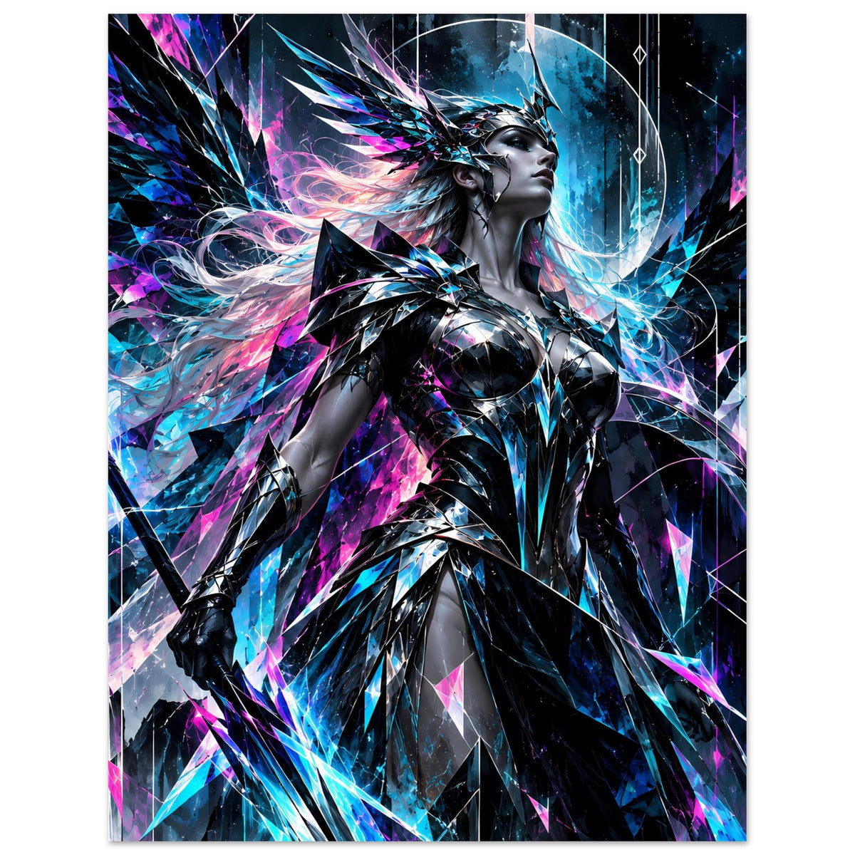 Poster mit futuristischer Valkyrie, silberne Rüstung mit Neonblau- und Pinkeffekten, vertikal