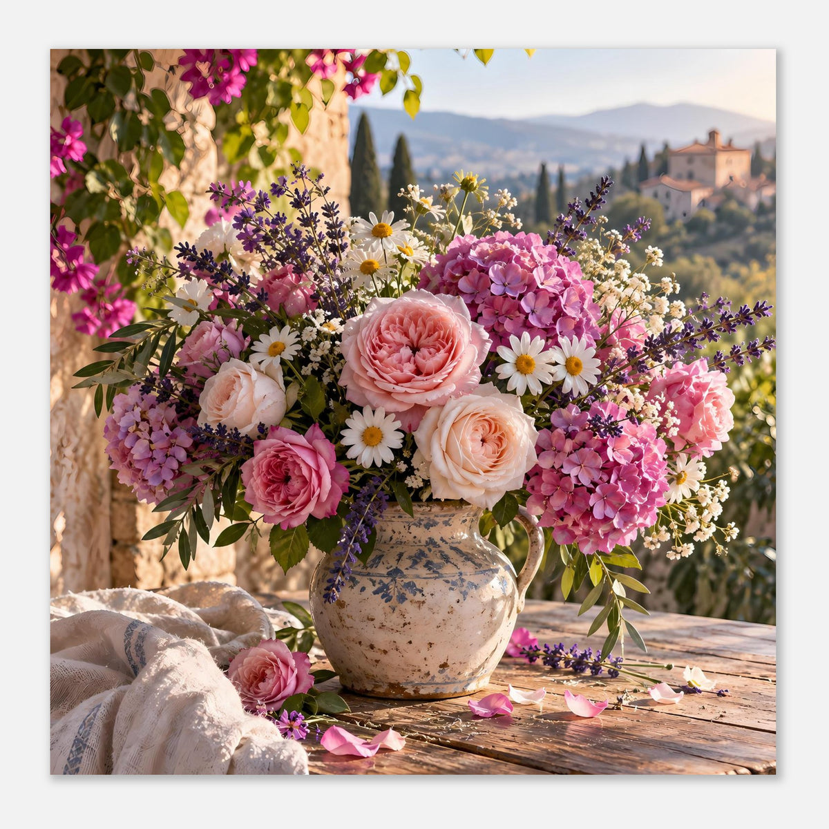 Blumenposter im Querformat: Blumenstrauß in Vase mit rosa Pfingstrose und weißen Blüten