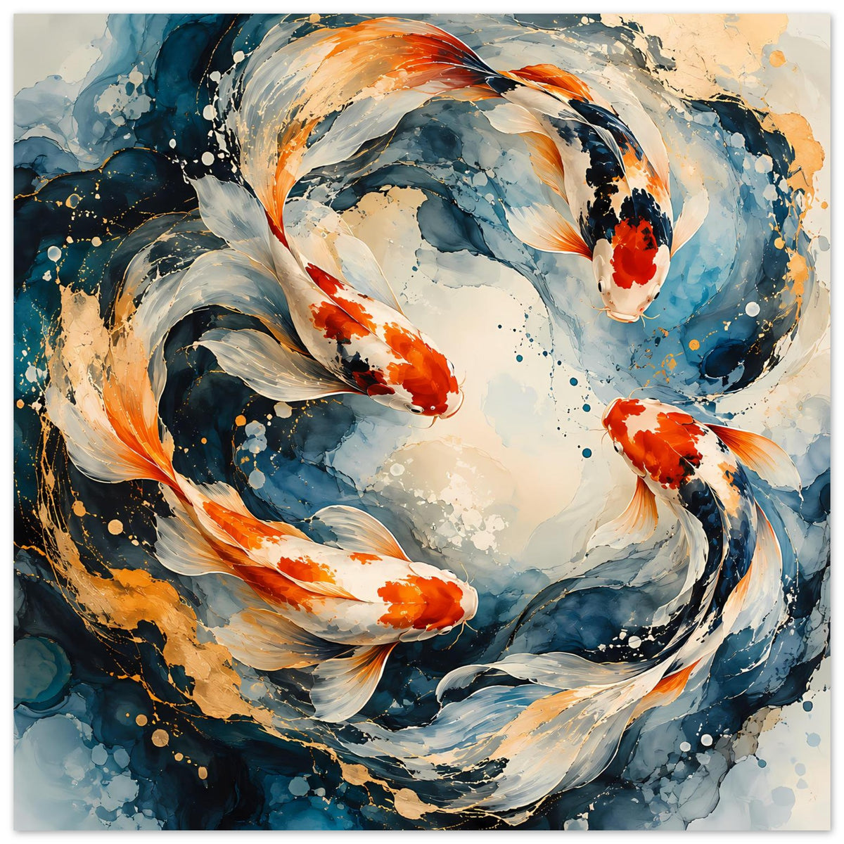 Kunstposter mit Koi-Fischen im Wasserschwirl, blau-orangefarbene Farbspritzer, gerahmt