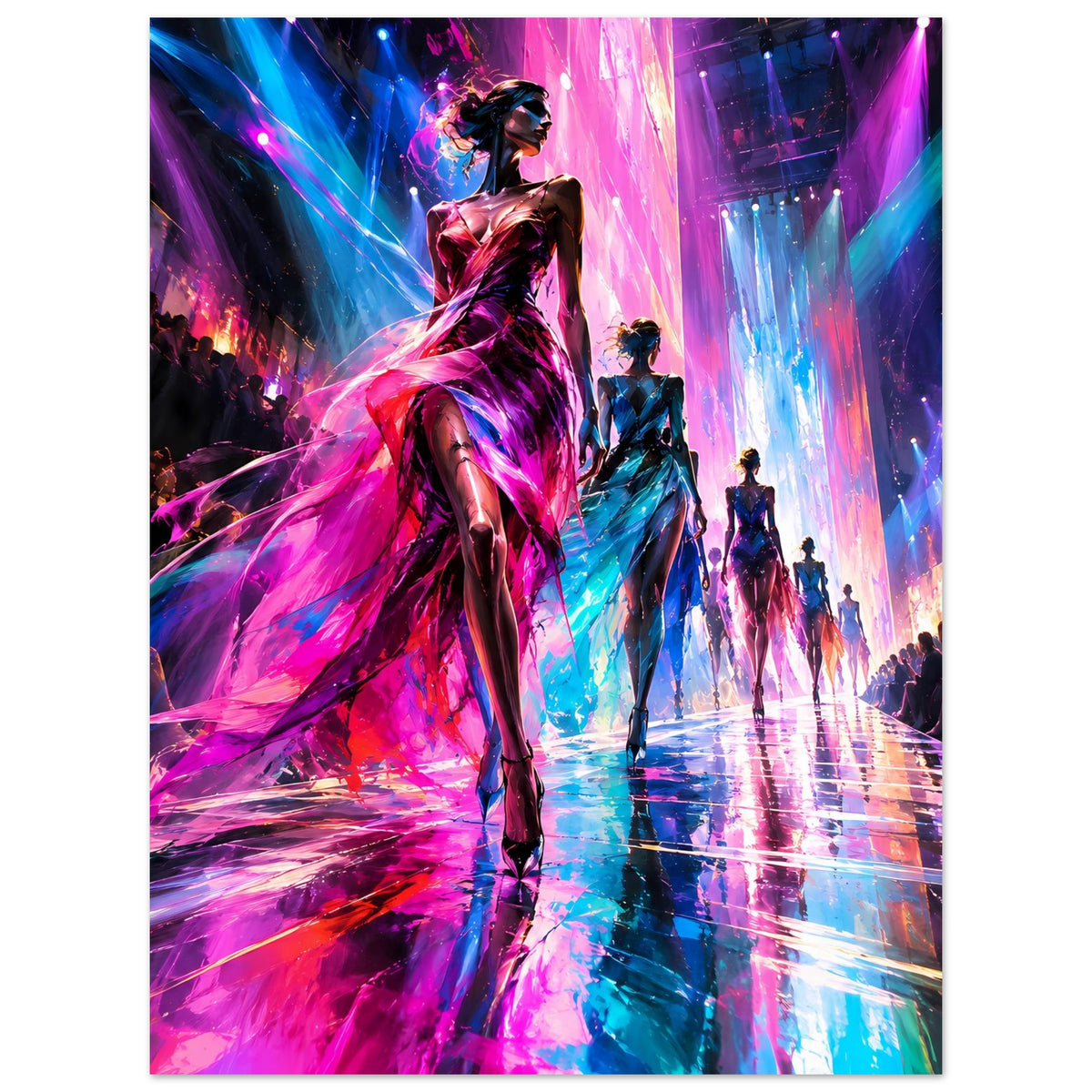 Mode-Runway-Poster im Hochformat mit Model im wehenden Kleid, Neonstrahlen und Laufsteg