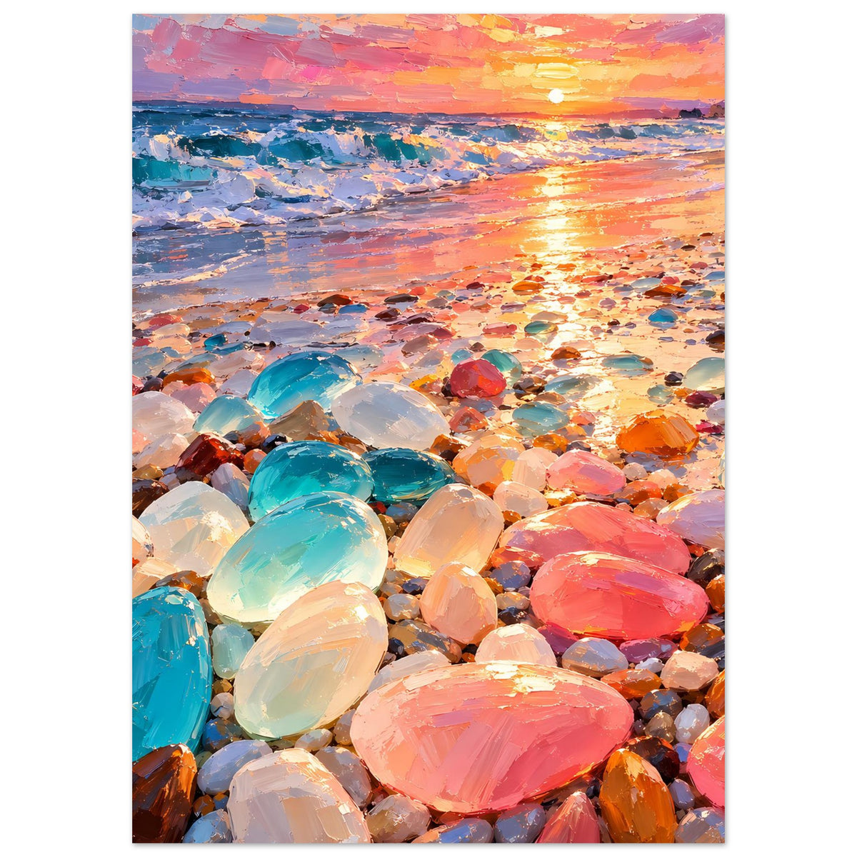 Poster mit Sonnenuntergang über dem Strand, Schwerpunkt auf bunten Glassteinen