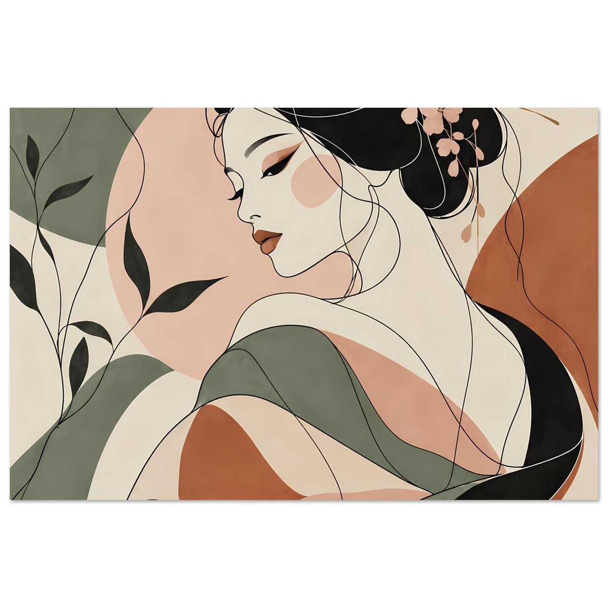 Poster mit Geisha-Linienkunst: seitliches Porträt, schwarzes Haar, grüne Gewandpartie, rosa Blüten
