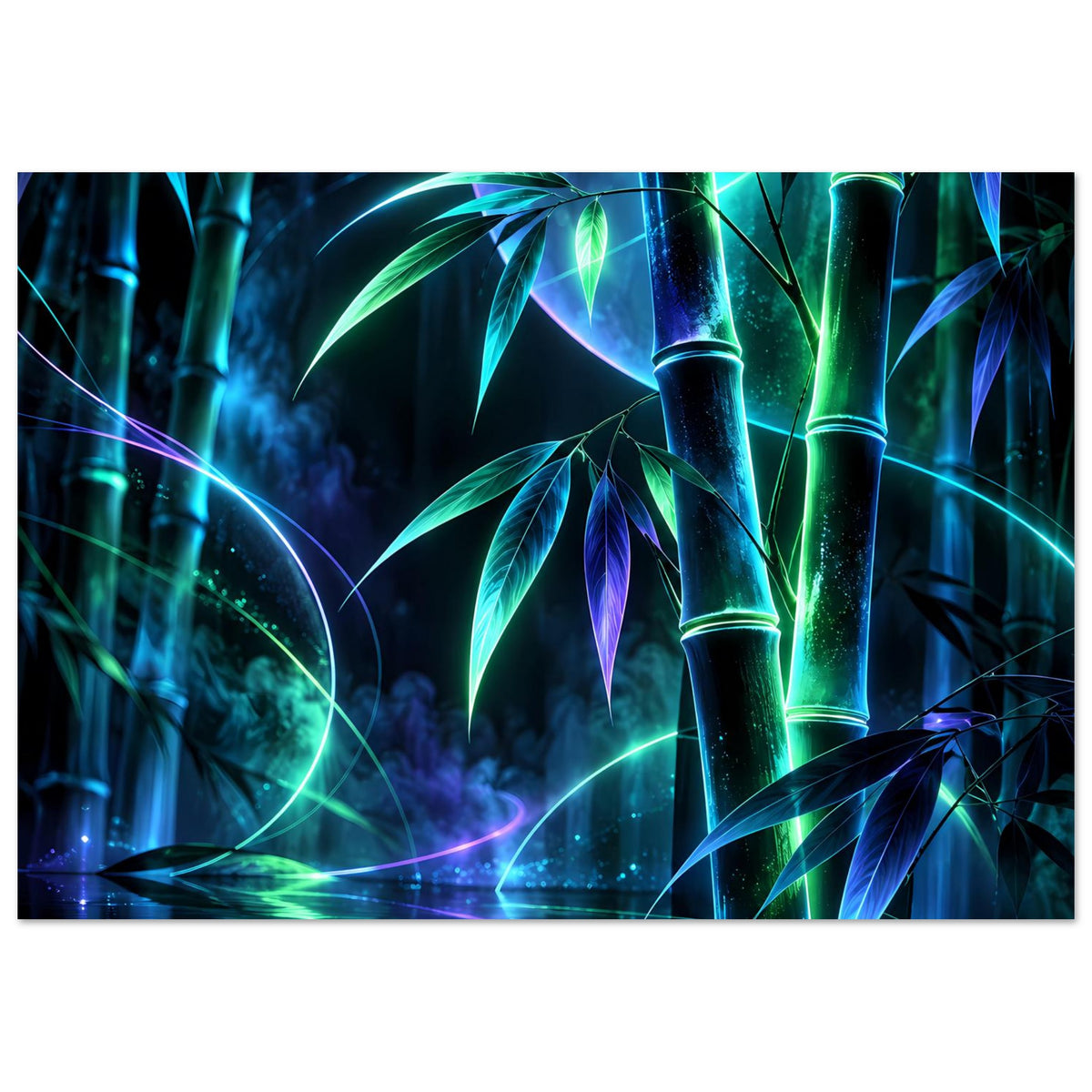 Leuchtendes Neon-Bambusposter, horizontal: leuchtende Bambusrohre und Blätter, violette Lichtreflexe