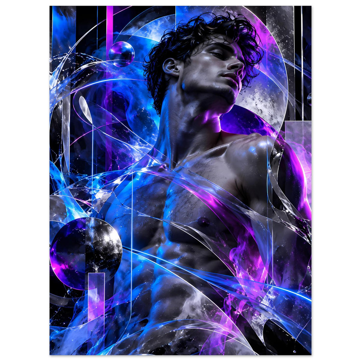 Futuristisches Poster: männlicher Torso mit blau-violettem Lichtspektrum, Kugeln und Linien