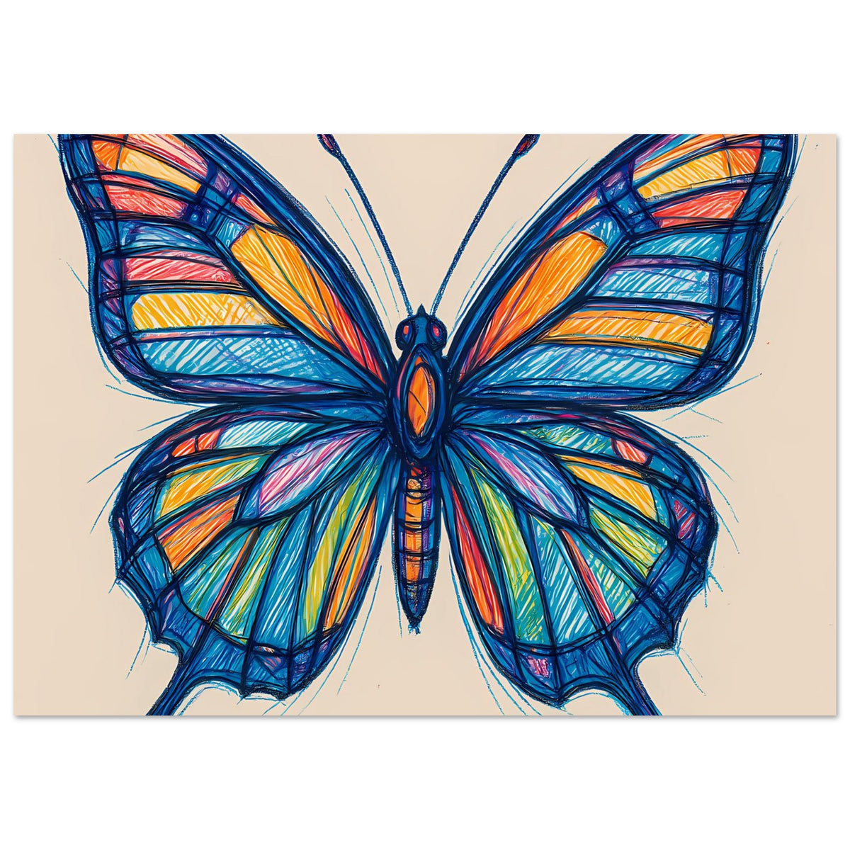 Schmetterlings-Kunstposter, querformatig, farbenfrohe Flügel mit Blau-, Orange- und Grüntönen
