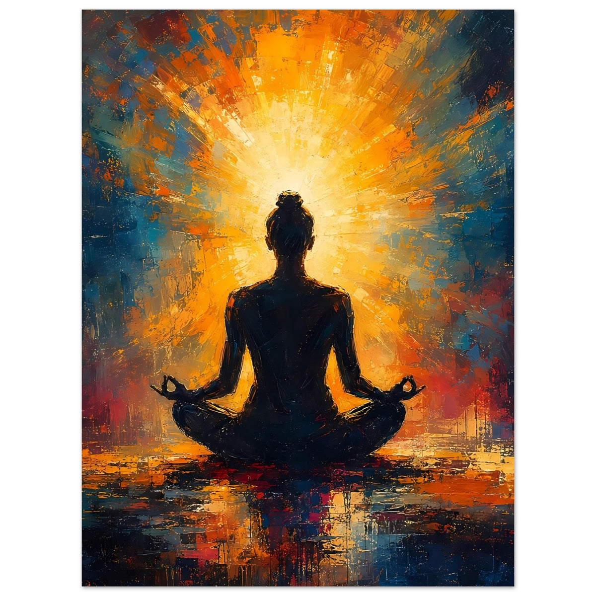 Meditatives Poster mit sitzender schwarzer Figur, leuchtendem orangegelbem Strahlenfächer