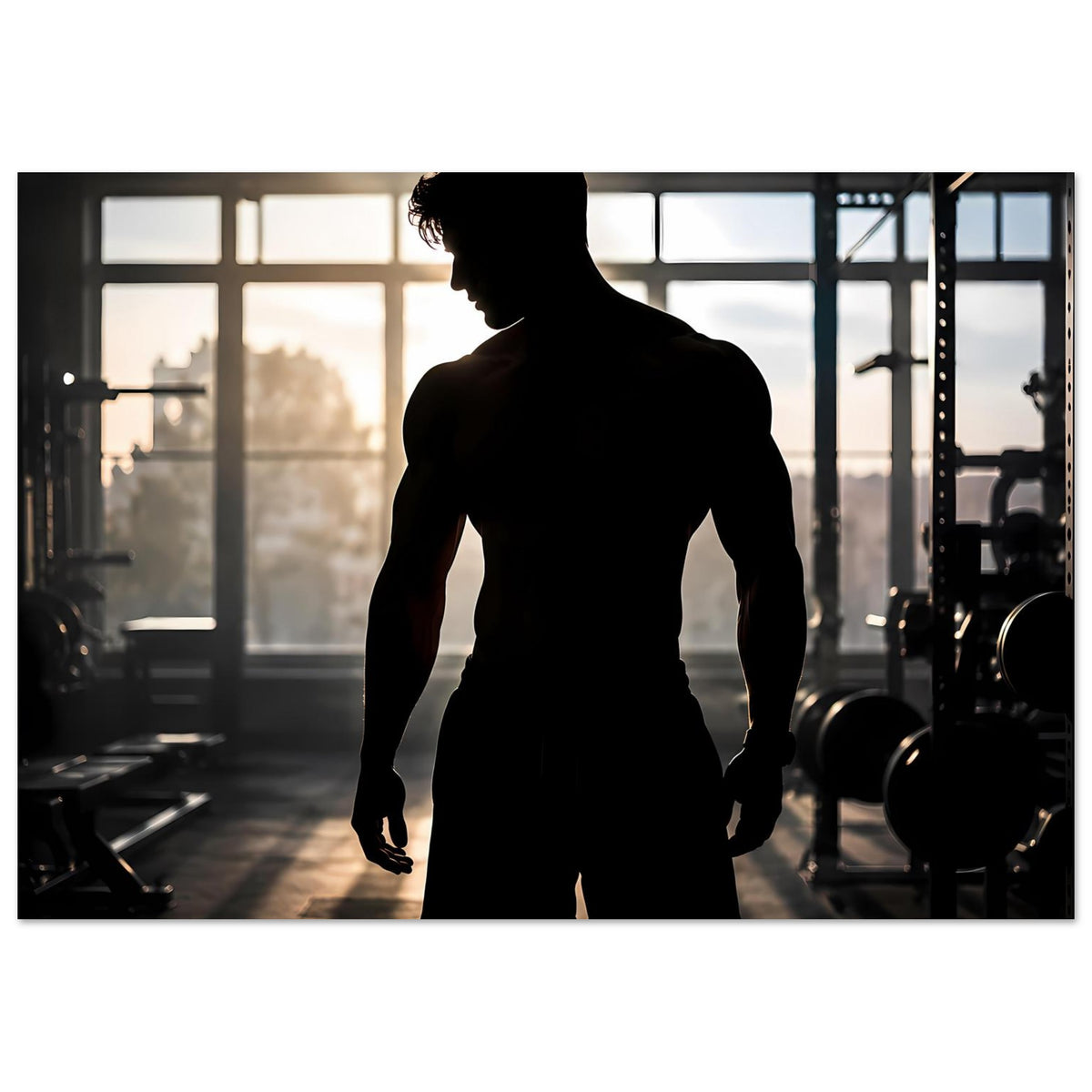 Fitness-Poster mit männlicher Silhouette, Ganzkörperansicht in dunklem Look