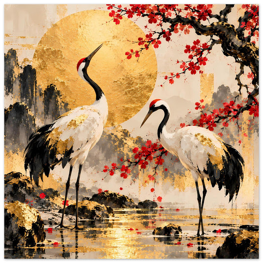 Poster mit zwei Kranichen, goldenem Mond und roten Kirschblüten über Wasser und Landschaft