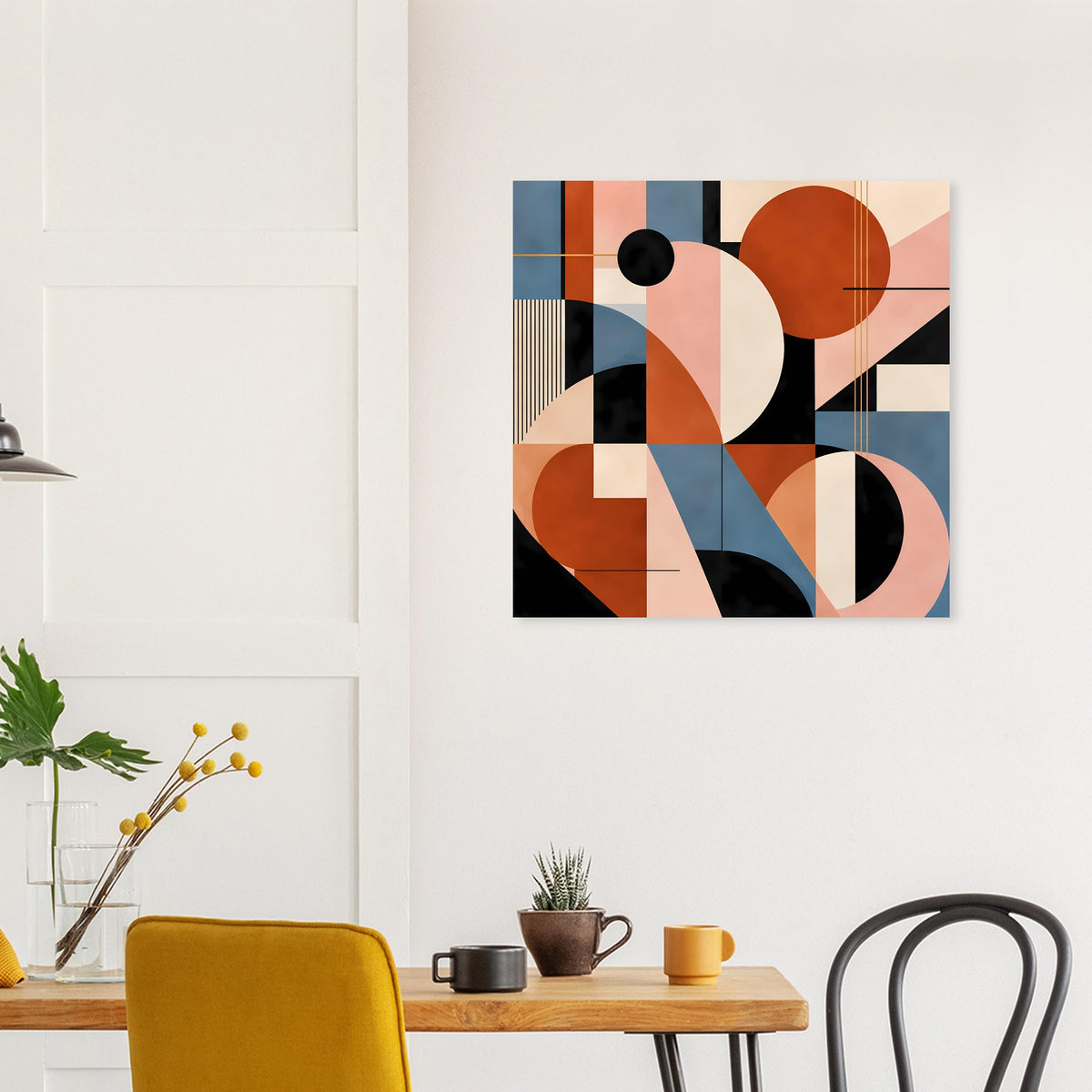 Abstrakter geometrischer Poster mit Terrakotta- und Blauelementen sowie rosafarbenen Akzenten