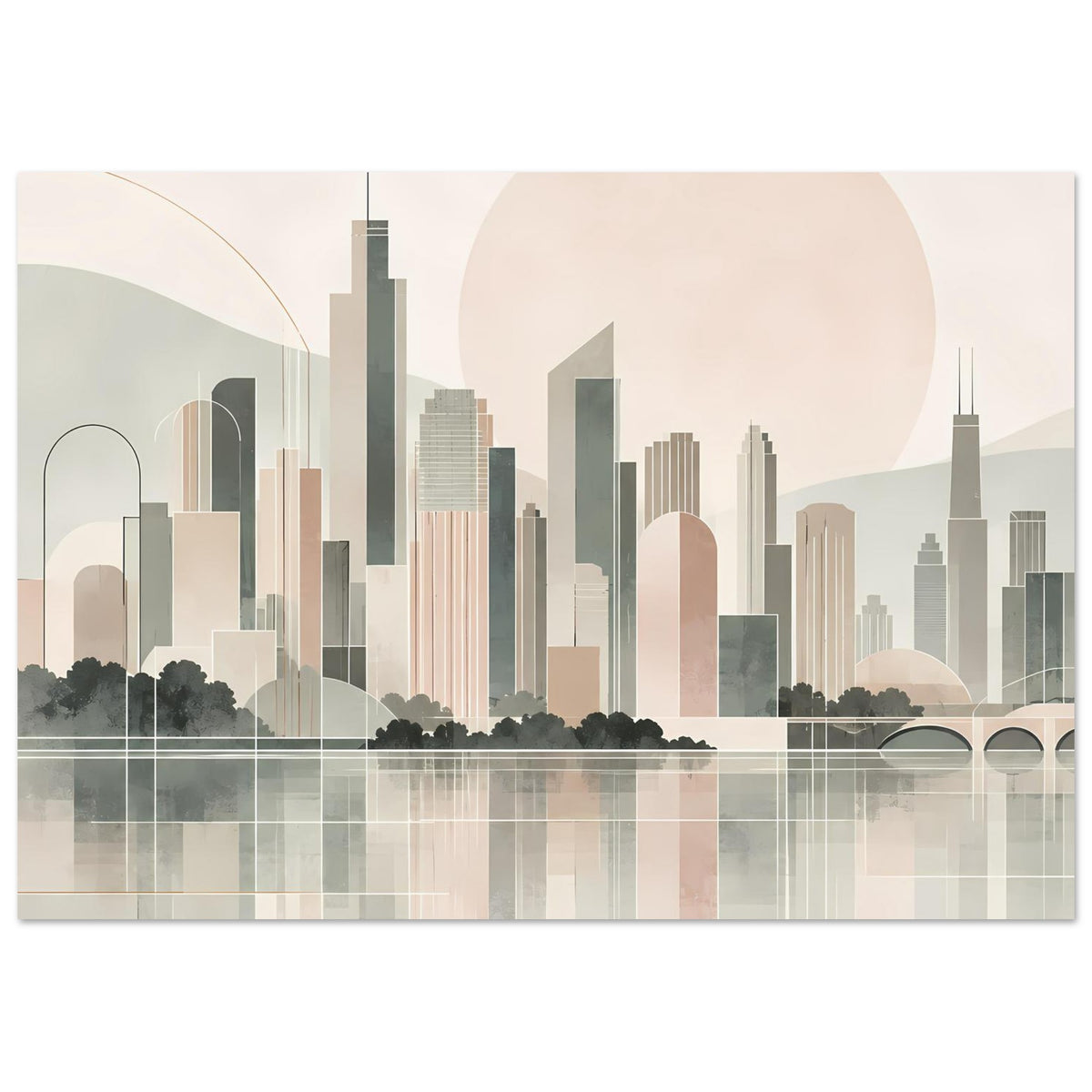 Breites Stadtposter mit Skyline, großer Sonnenscheibe und Brückenbogen am unteren Rand.