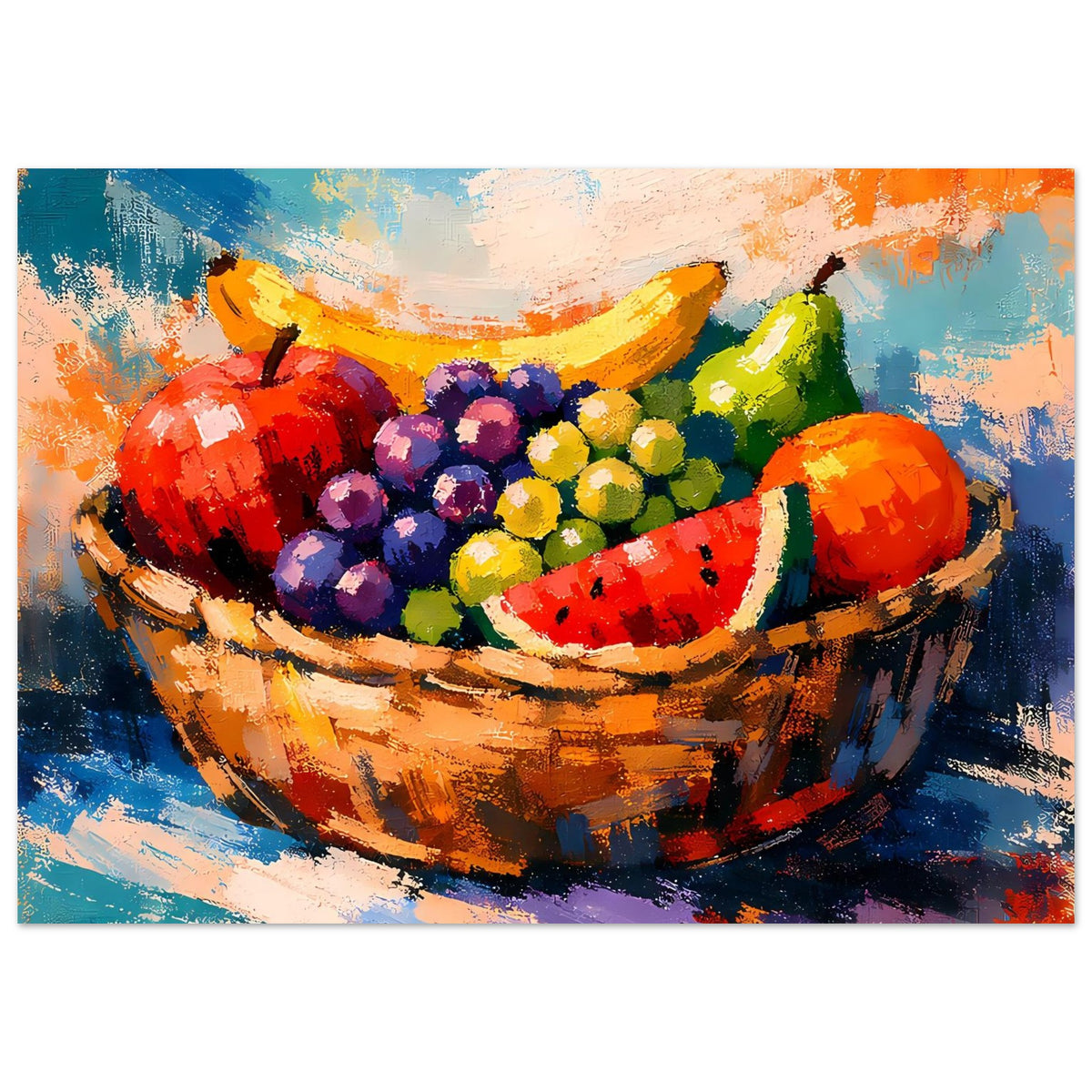 Rechteckiges Poster: Obstschale mit Wassermelonenstück, Trauben und farbigen Früchten