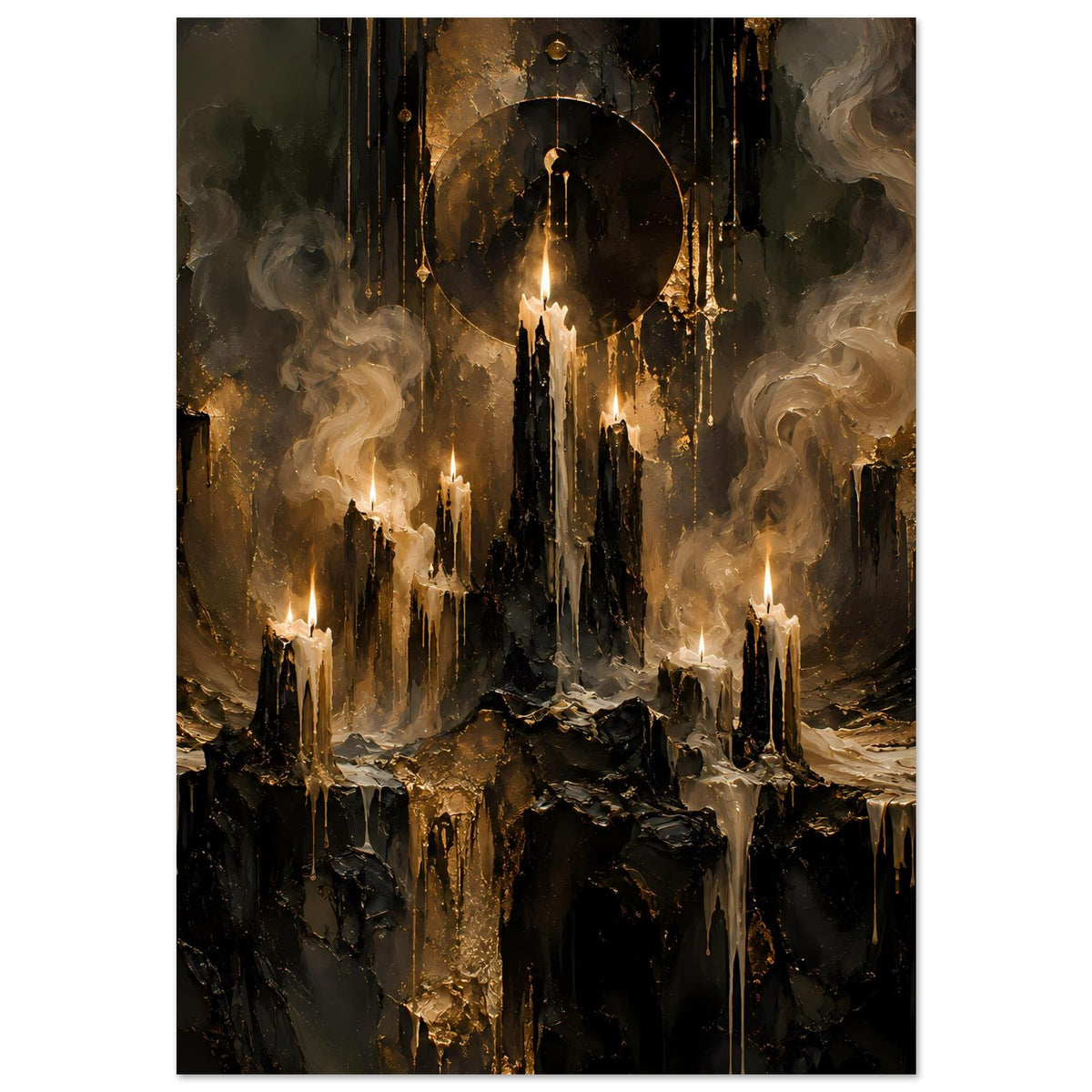 Fantasy-Poster im Hochformat: brennende Kerzen, goldene Tropfenoptik und kreisförmiges Portal.