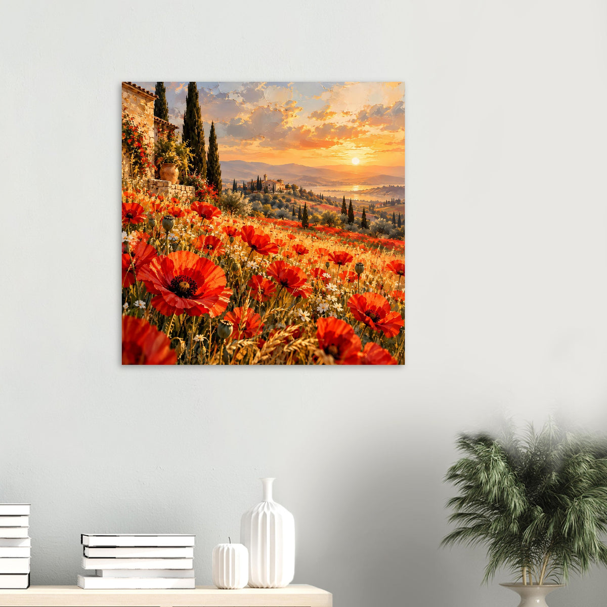Quadratisches Poster: Mohnblumenwiese mit goldenem Abendhimmel und Hügeln