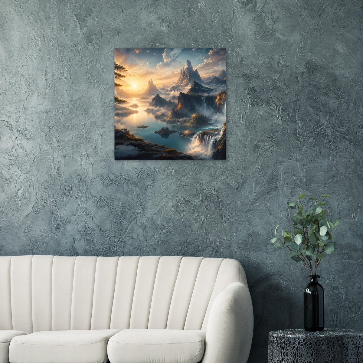 Quadratisches Wandposter mit Bergen, Wasserfällen und Sonnenaufgang in blauen und warmen Farben