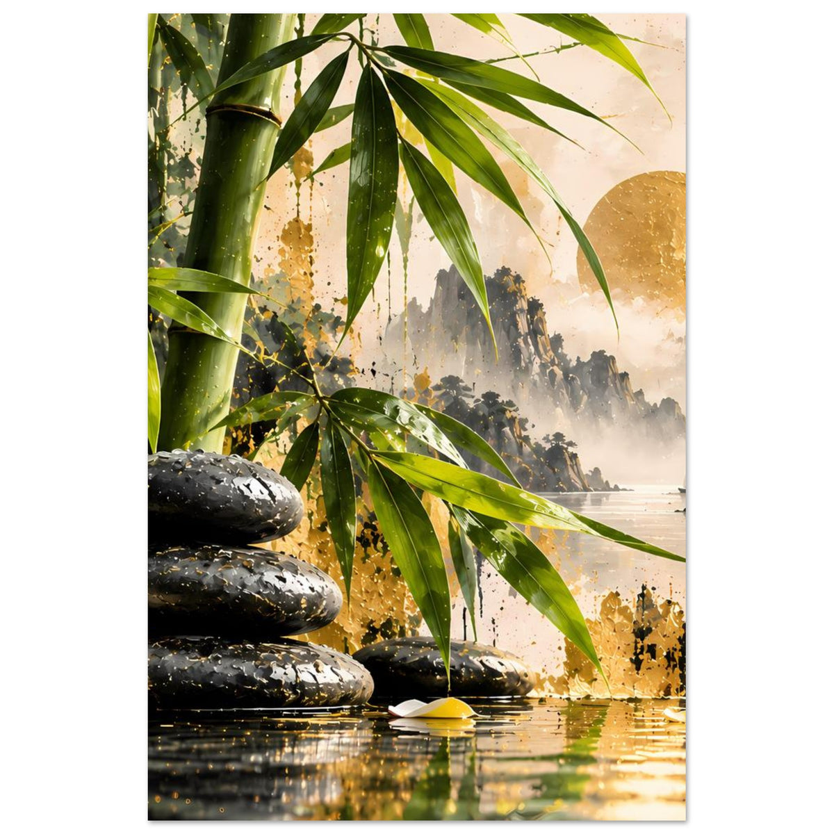 Zen-Poster mit Bambusblättern, goldener Sonne und schwarzen Steinen, ruhige Wasser-Szene