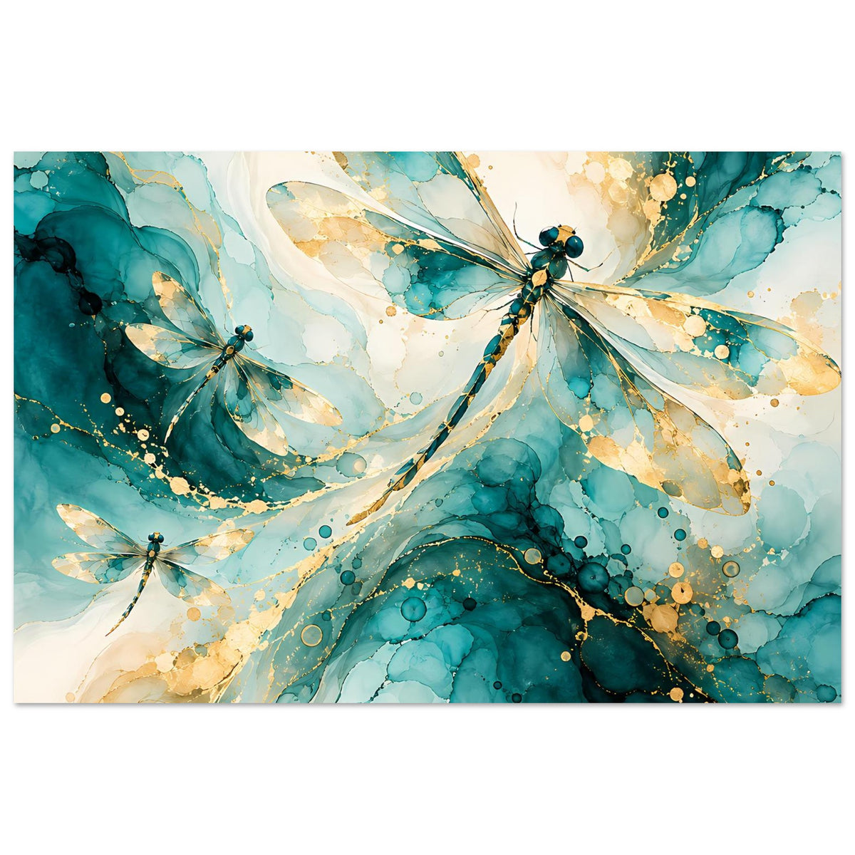 Kunstposter mit Libellen in Türkis und Gold, feine Punkte und fließende Aquarelladern