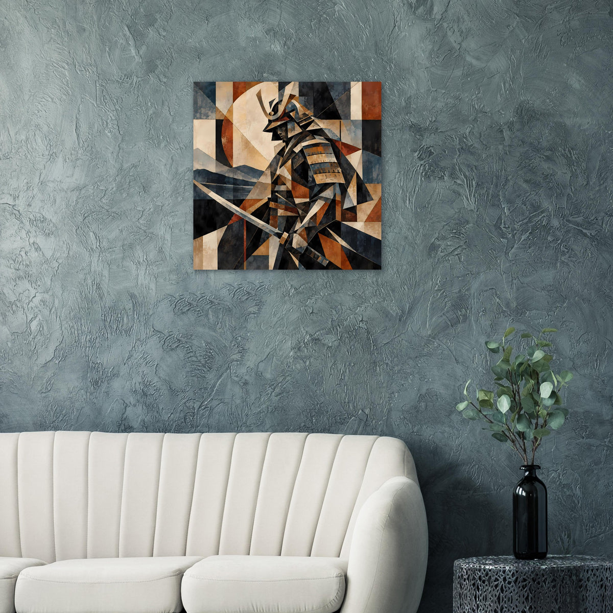 Geometrisches Samurai-Krieger-Poster mit Schwert, Erdtöne und gedeckten Blaunuancen