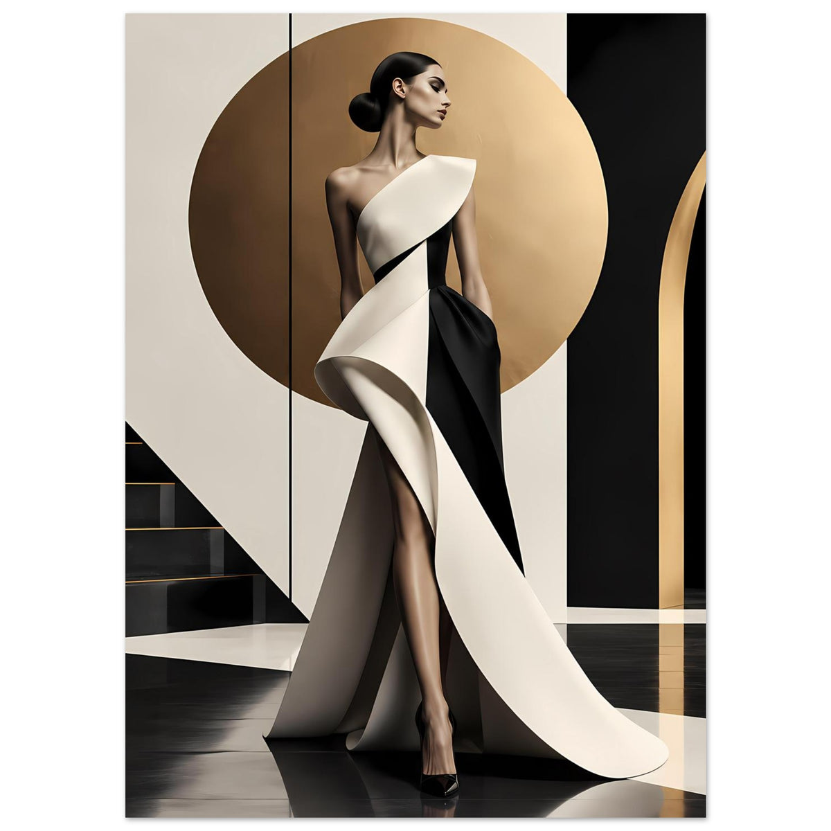 Poster mit stilisierter Modefigur in Weiß und Schwarz, großer beiger Kreis und Streifen