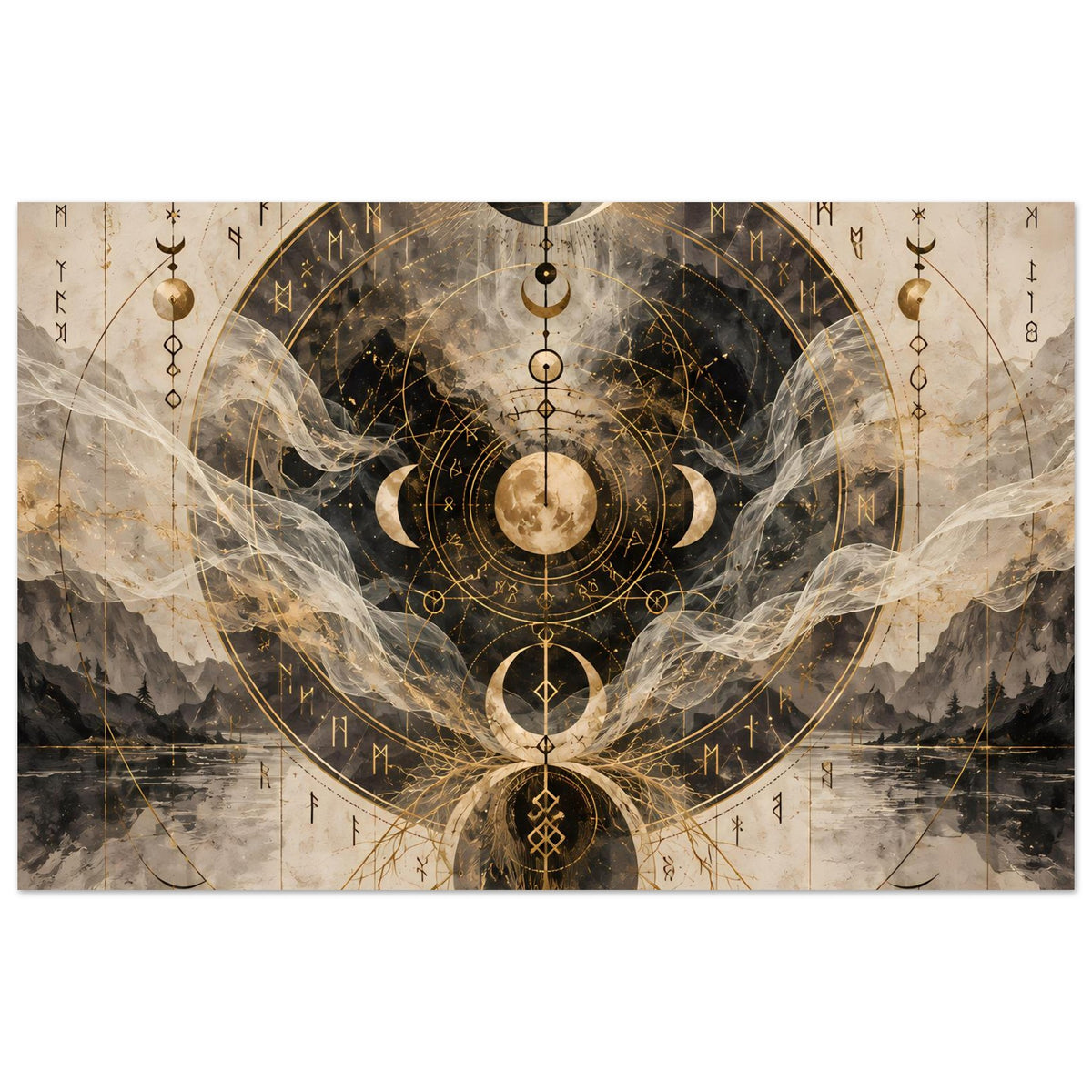 Poster mit Mondphasen, goldenen Kreisen und mystischen Symbolen auf hellem neutralem Grund, Querformat