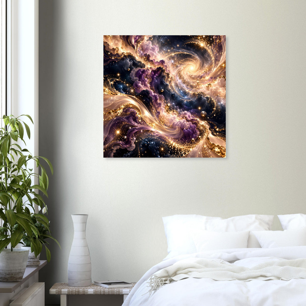 Quadratischer Wanddruck mit leuchtender Spirale in Gold und Violett