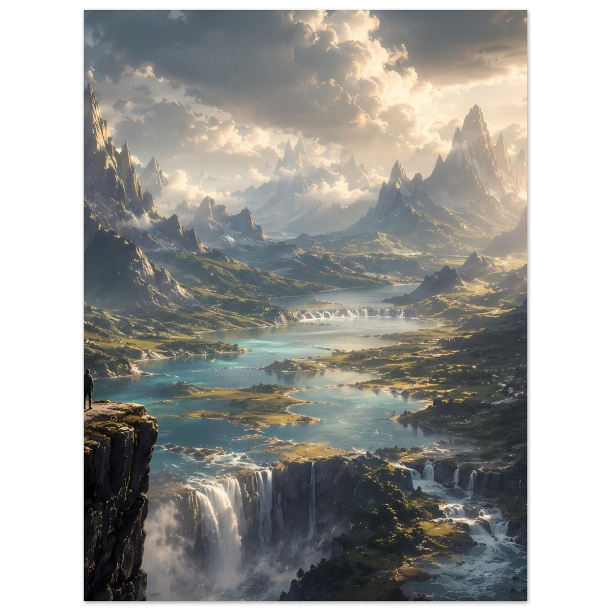Landschaftsposter mit Bergtal, Fluss und Wasserfällen, Person am Felsen.