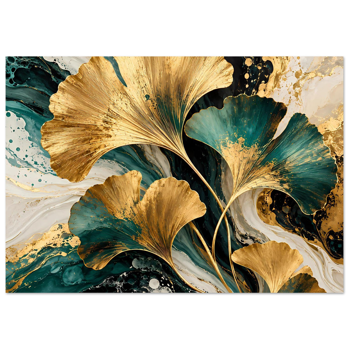 Poster im Querformat mit goldenen Ginkgo-Blättern, türkis-grünem Marmor und weißen Akzentflächen