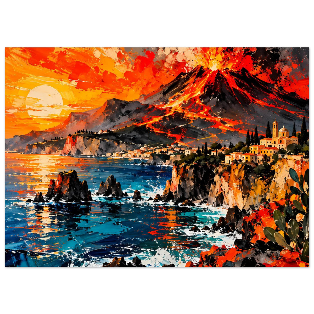 Poster im Querformat mit Vulkaneruption, Meer, Felsenriffen und orangefarbenen Spritzern