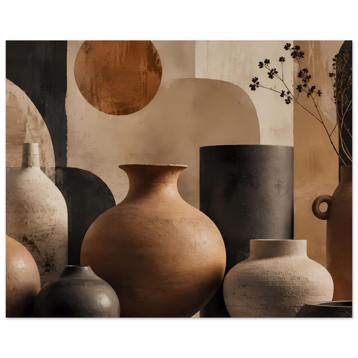 Poster mit Keramikvasen: terrakottafarbene Zentralvase mit dunkler zylindrischer Vase im Hintergrund