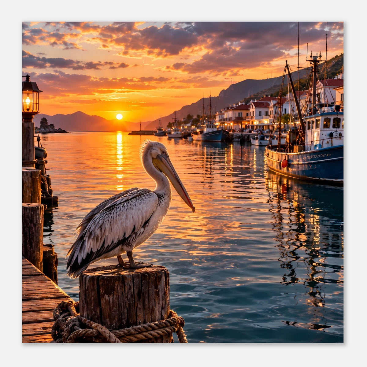 Großformatiges Wandposter: Pelikan auf Holzpfahl vor Sonnenuntergang im Hafen mit Wasser