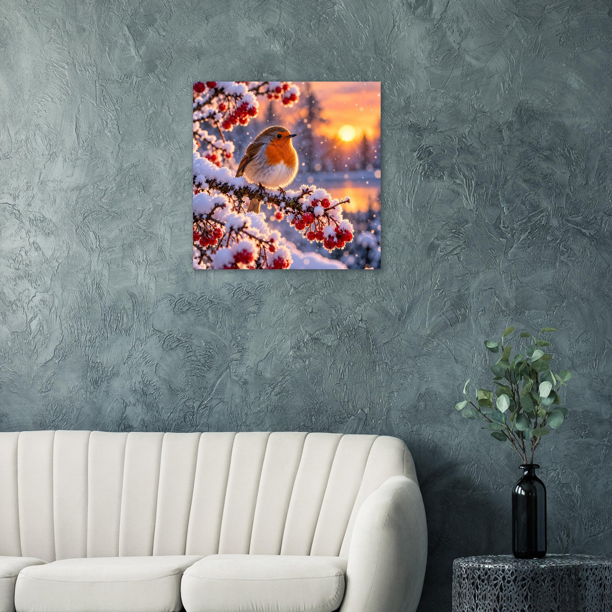 Quadratisches Poster mit Rotkehlchen auf verschneitem Ast bei goldener Sonne.